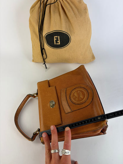 Vintage Fendi Textured Leather Top-Handle Bag Brown Gold