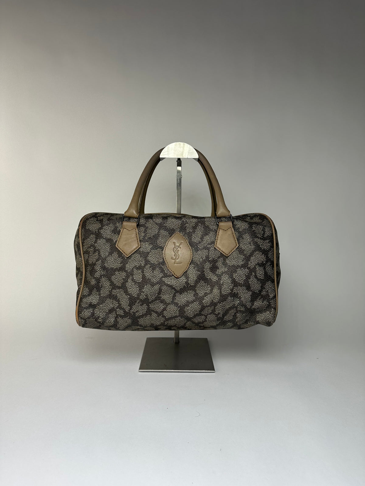 Vintage Yves Saint Laurent Leopard Print Structured Bag c. Late 1990s Grey Beige