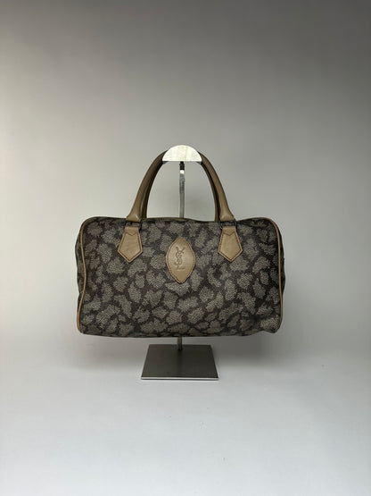 Vintage Yves Saint Laurent Leopard Print Structured Bag c. Late 1990s Grey Beige