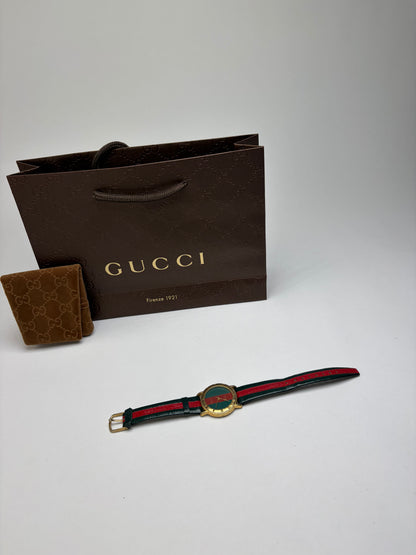Vintage Gucci Leather Strap Watch Gold-Tone Green Red