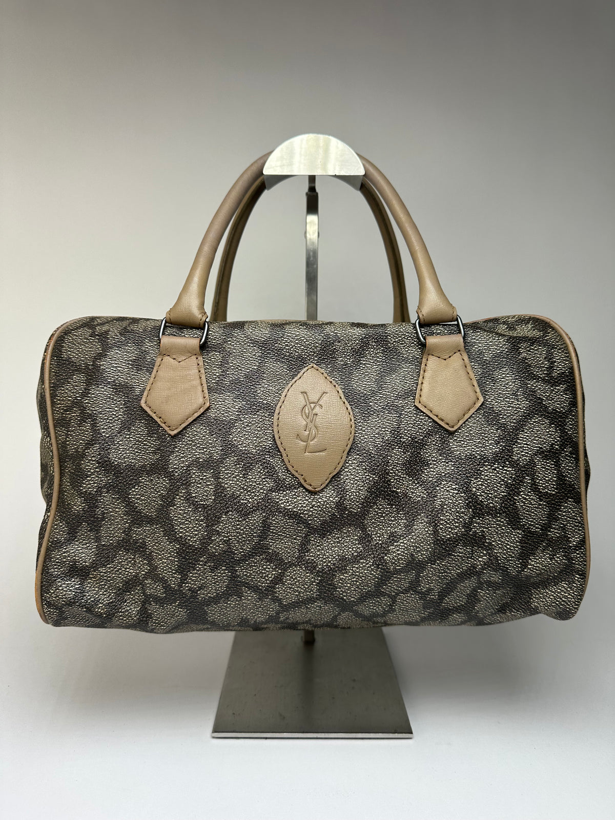 Vintage Yves Saint Laurent Leopard Print Structured Bag c. Late 1990s Grey Beige