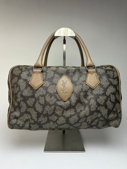 Vintage Yves Saint Laurent Leopard Print Structured Bag c. Late 1990s Grey Beige