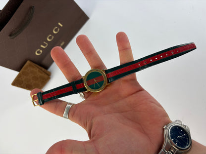 Vintage Gucci Leather Strap Watch Gold-Tone Green Red