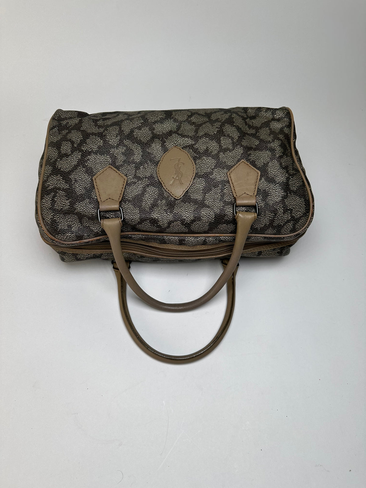 Vintage Yves Saint Laurent Leopard Print Structured Bag c. Late 1990s Grey Beige