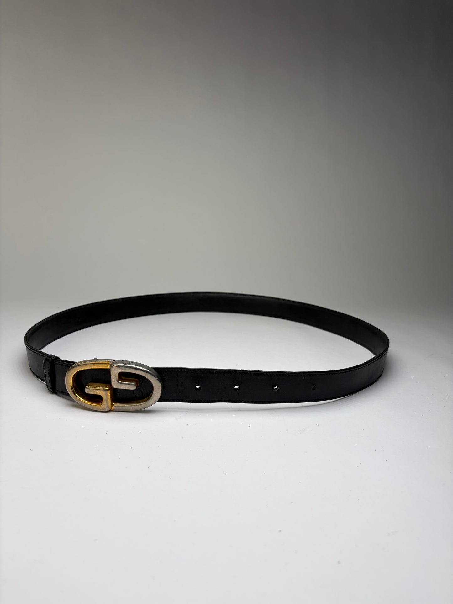 Vintage Gucci Smooth Leather GG Buckle Belt Black Gold Silver