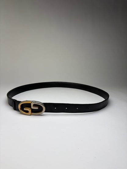 Vintage Gucci Smooth Leather GG Buckle Belt Black Gold Silver