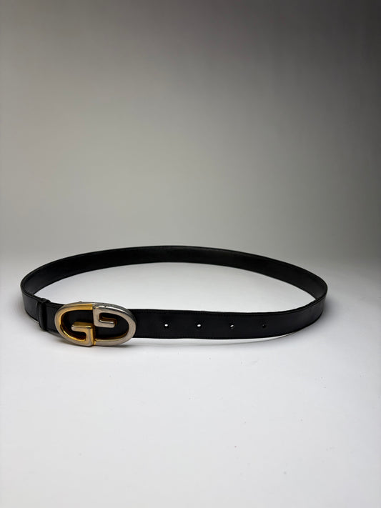 Vintage Gucci Smooth Leather GG Buckle Belt Black Gold Silver