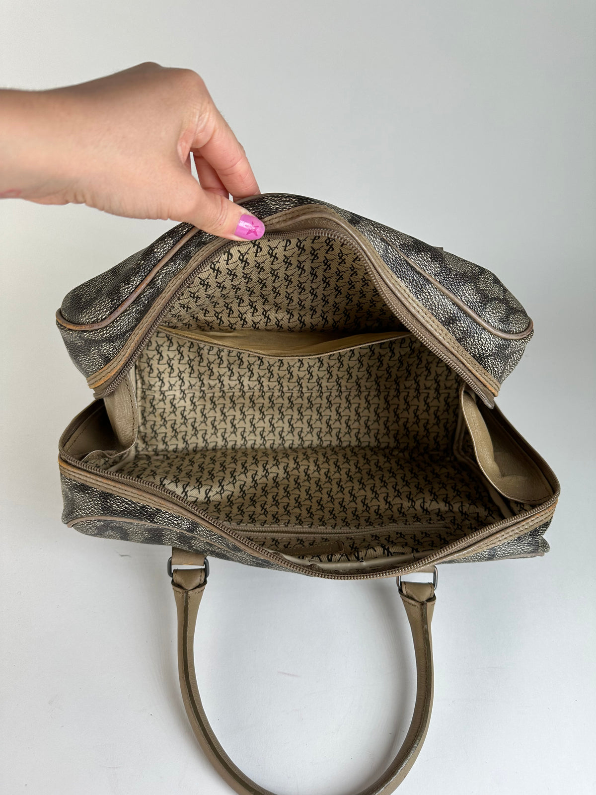 Vintage Yves Saint Laurent Leopard Print Structured Bag c. Late 1990s Grey Beige