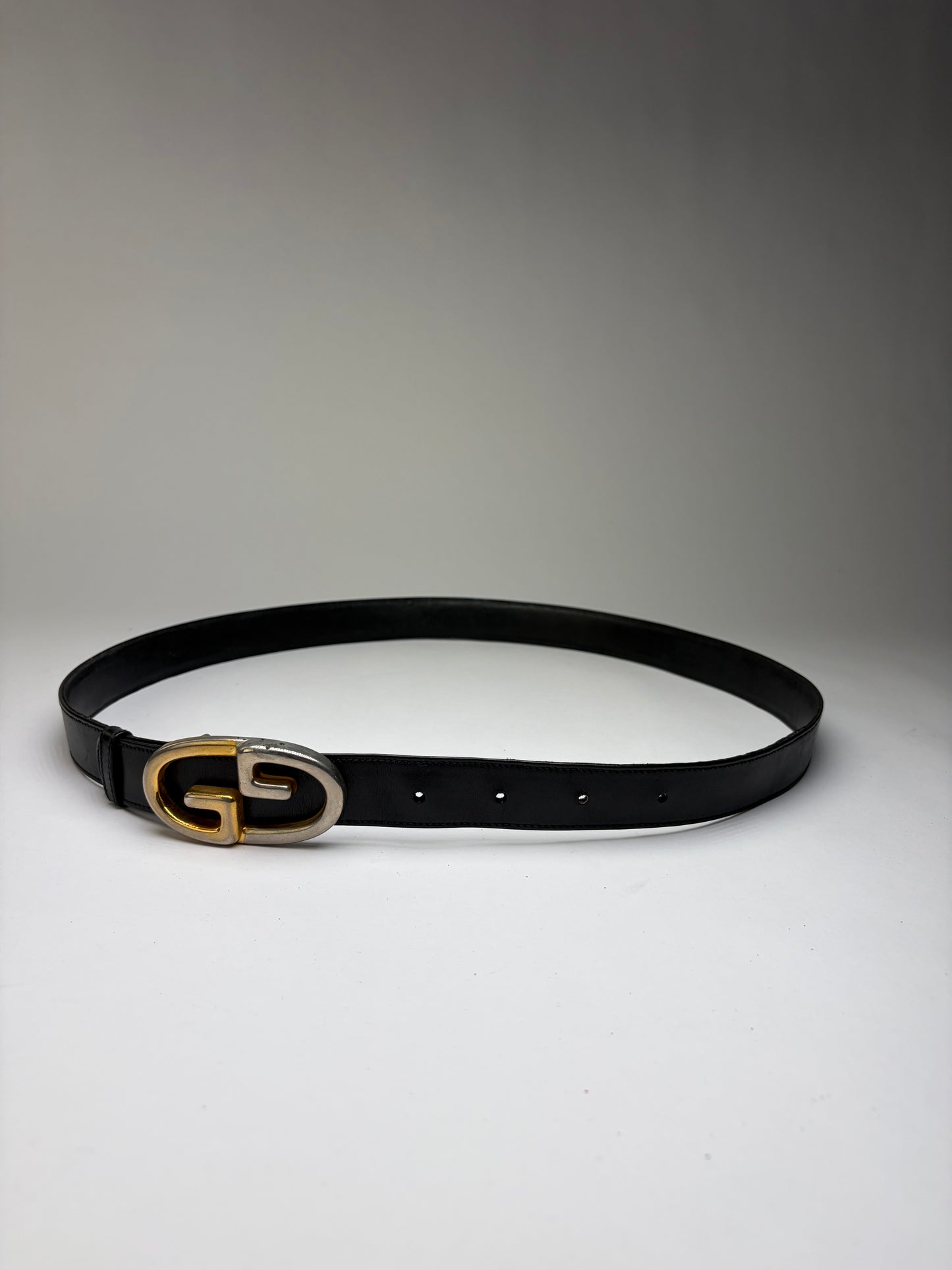 Vintage Gucci Smooth Leather GG Buckle Belt Black Gold Silver