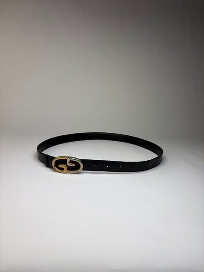 Vintage Gucci Smooth Leather GG Buckle Belt Black Gold Silver