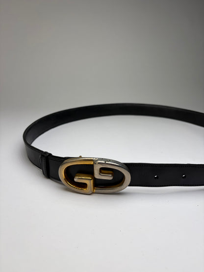 Vintage Gucci Smooth Leather GG Buckle Belt Black Gold Silver
