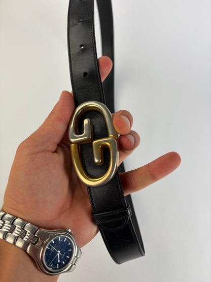 Vintage Gucci Smooth Leather GG Buckle Belt Black Gold Silver