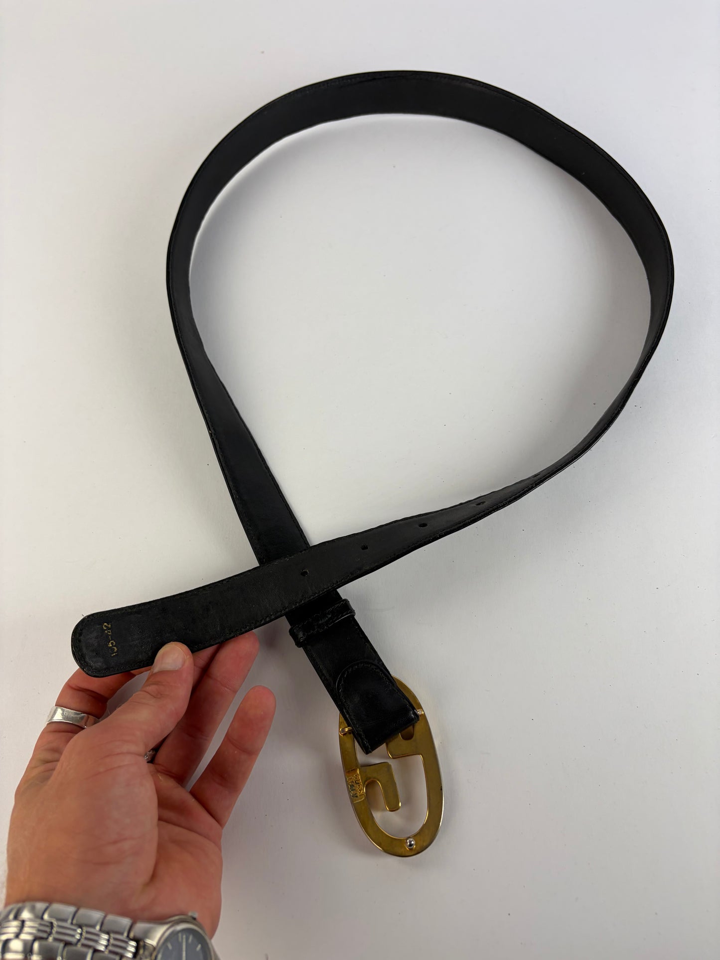 Vintage Gucci Smooth Leather GG Buckle Belt Black Gold Silver