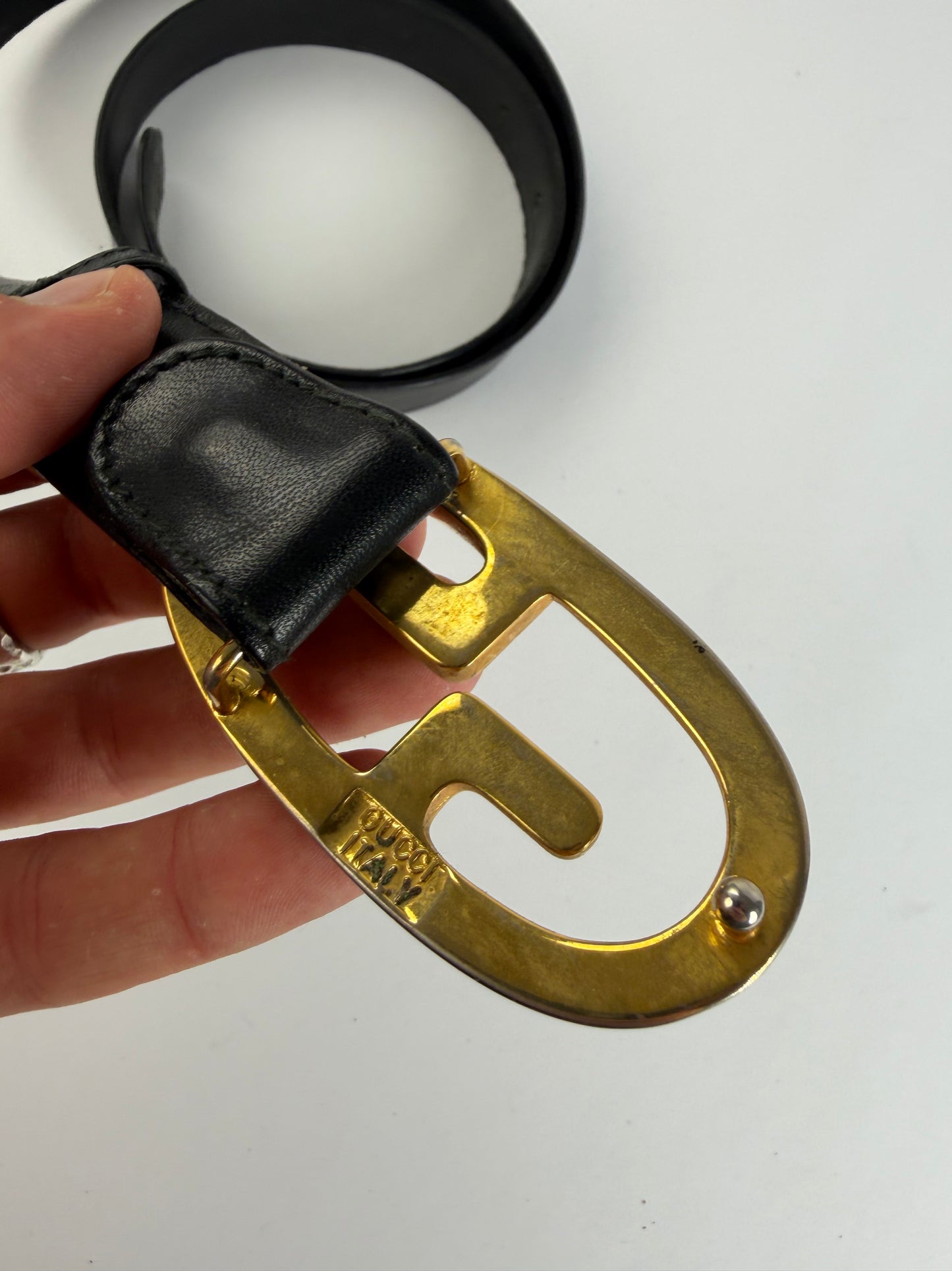 Vintage Gucci Smooth Leather GG Buckle Belt Black Gold Silver