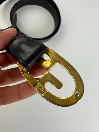 Vintage Gucci Smooth Leather GG Buckle Belt Black Gold Silver
