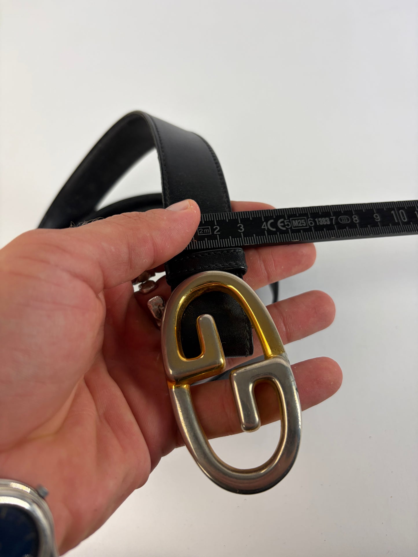 Vintage Gucci Smooth Leather GG Buckle Belt Black Gold Silver