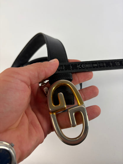 Vintage Gucci Smooth Leather GG Buckle Belt Black Gold Silver
