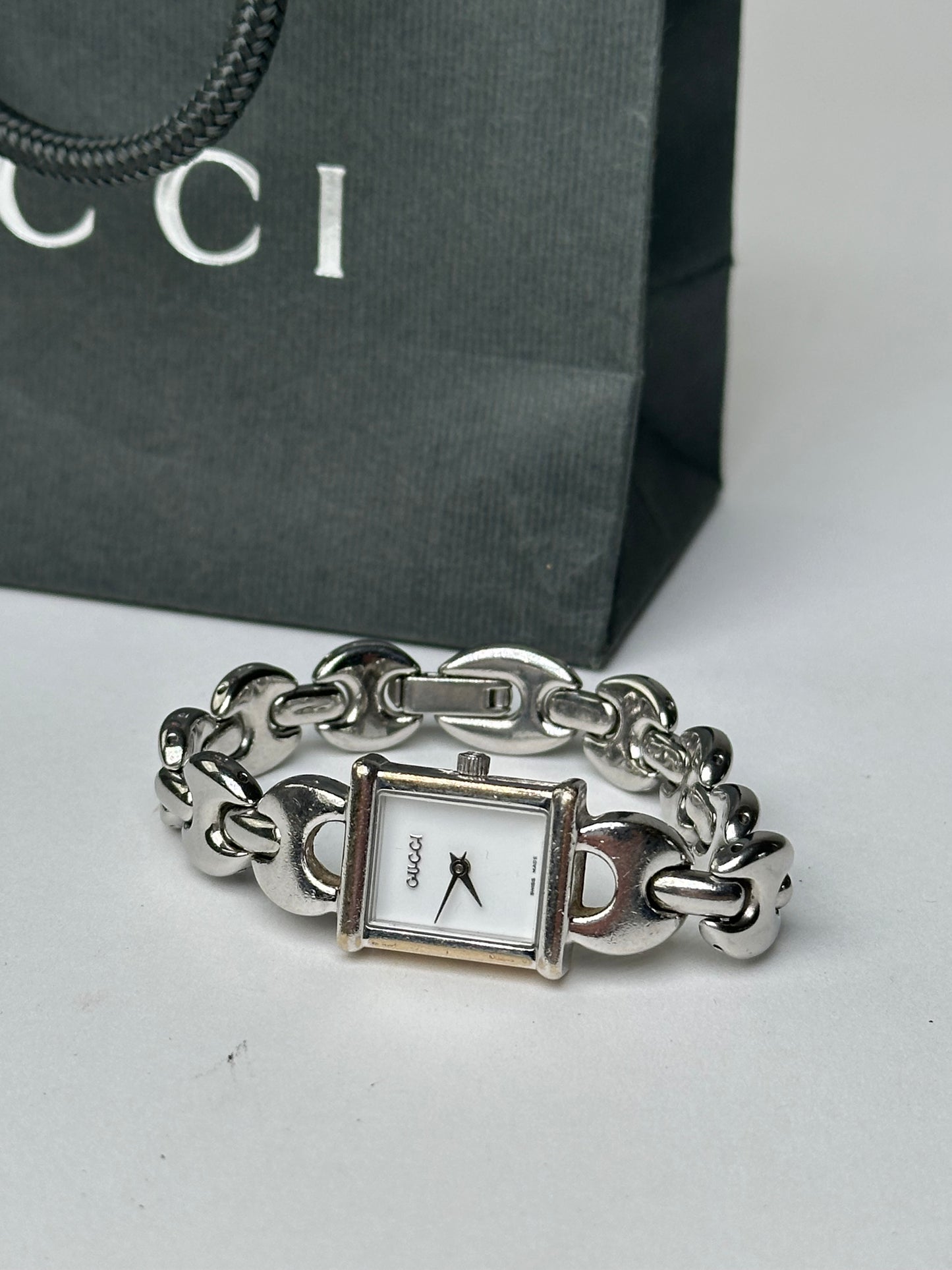 Vintage Gucci Stainless Steel Bracelet Watch Y2K Silver White