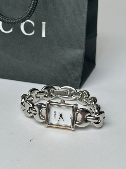 Vintage Gucci Stainless Steel Bracelet Watch Y2K Silver White