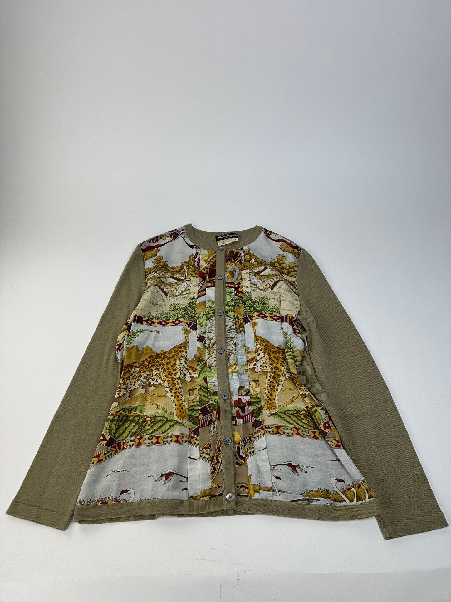 Vintage Ferragamo Wool Silk Cardigan Y2K Cream Olive Rust