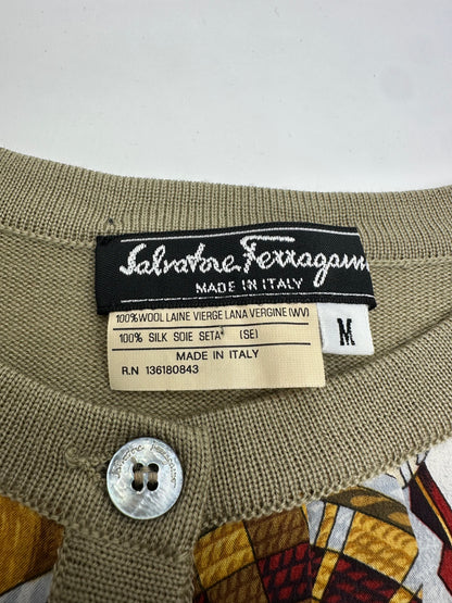Vintage Ferragamo Wool Silk Cardigan Y2K Cream Olive Rust