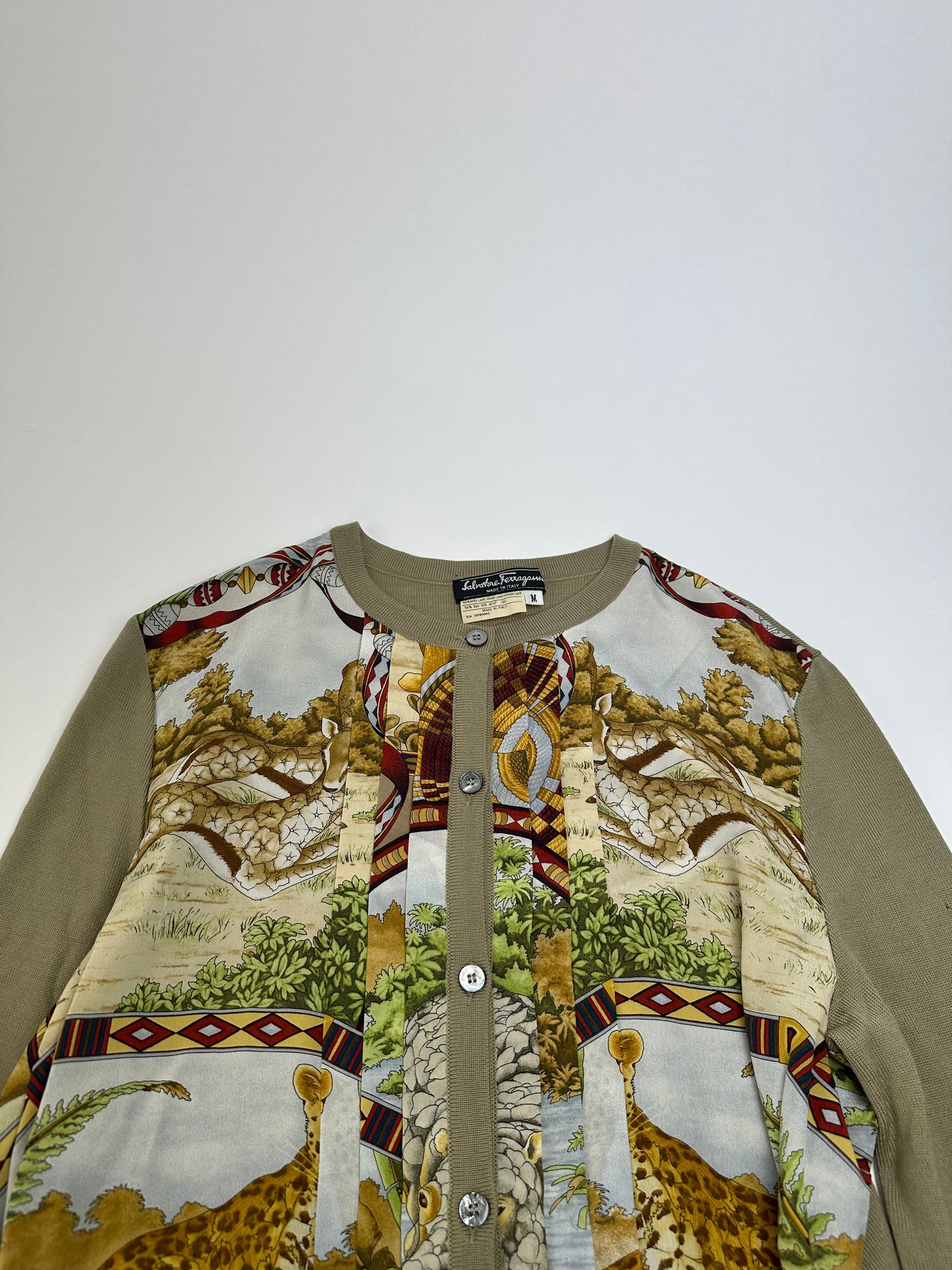 Vintage Ferragamo Wool Silk Cardigan Y2K Cream Olive Rust