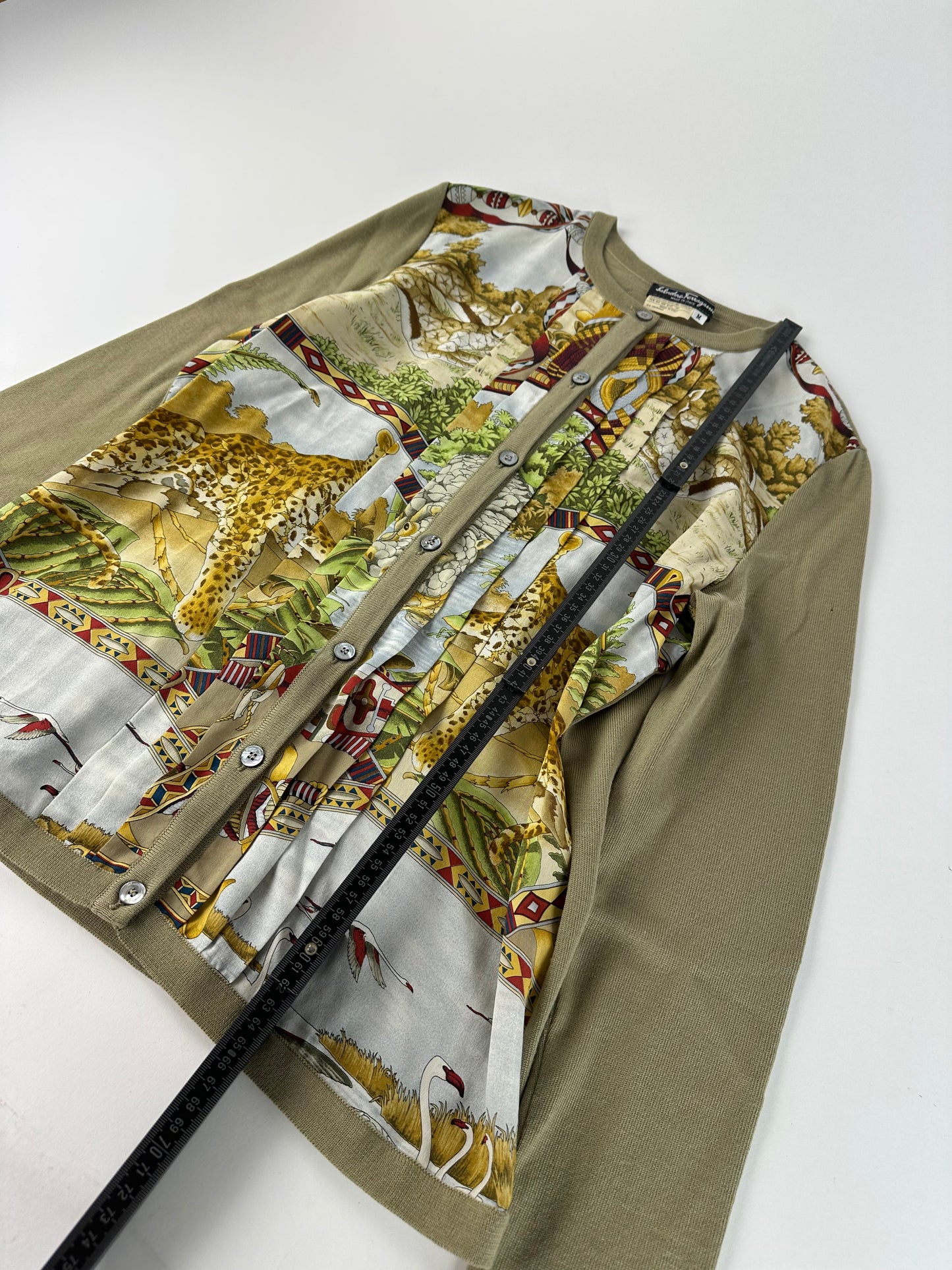 Vintage Ferragamo Wool Silk Cardigan Y2K Cream Olive Rust
