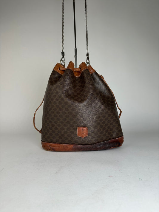 Vintage Celine Triomphe Monogram SEAU Leather Shoulder Bag Brown