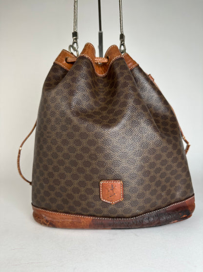 Vintage Celine Triomphe Monogram SEAU Leather Shoulder Bag Brown