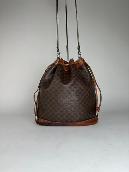 Vintage Celine Triomphe Monogram SEAU Leather Shoulder Bag Brown
