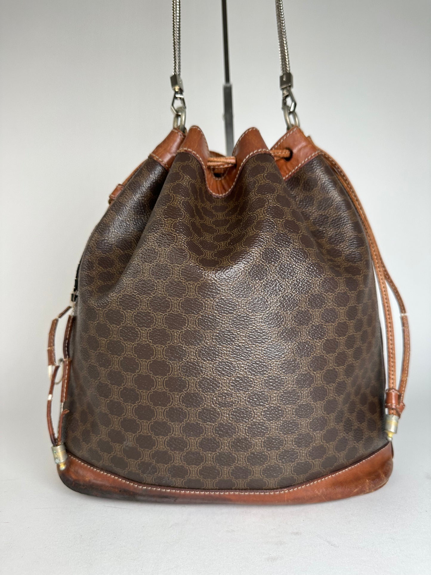 Vintage Celine Triomphe Monogram SEAU Leather Shoulder Bag Brown