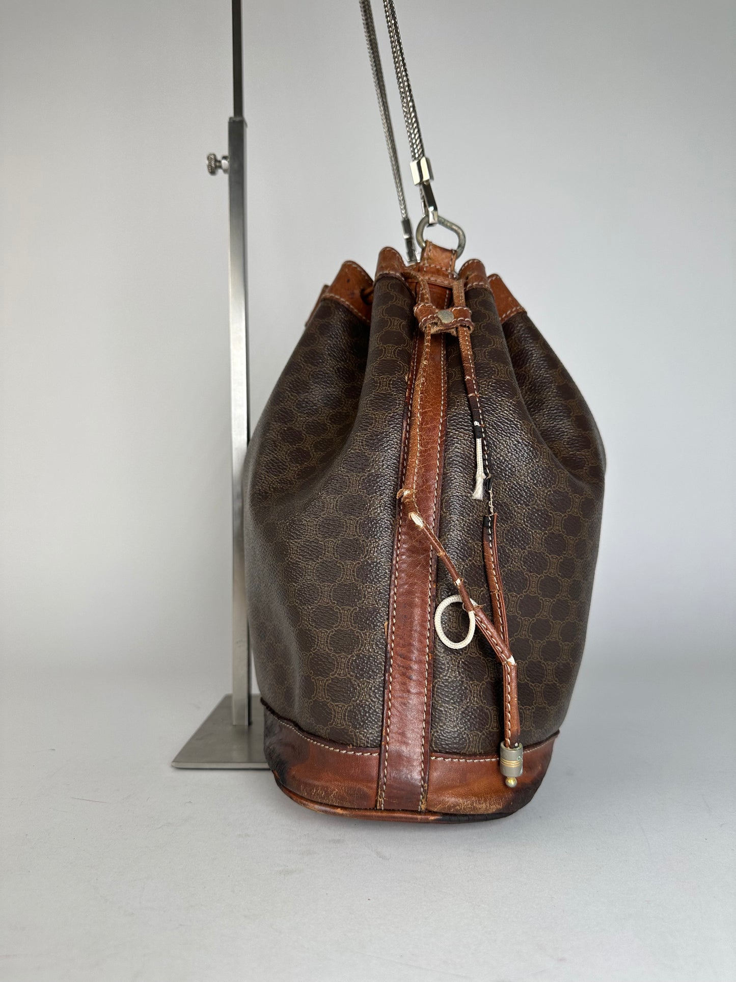 Vintage Celine Triomphe Monogram SEAU Leather Shoulder Bag Brown