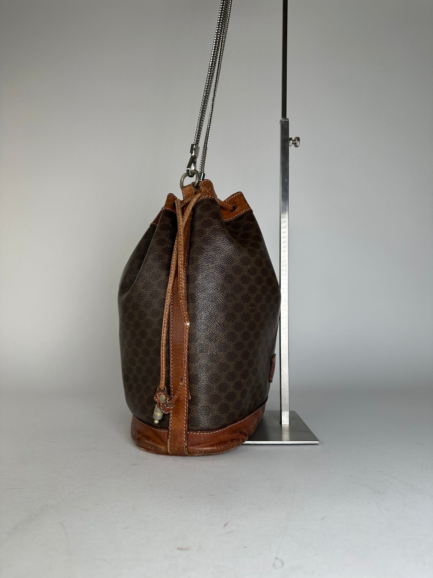 Vintage Celine Triomphe Monogram SEAU Leather Shoulder Bag Brown