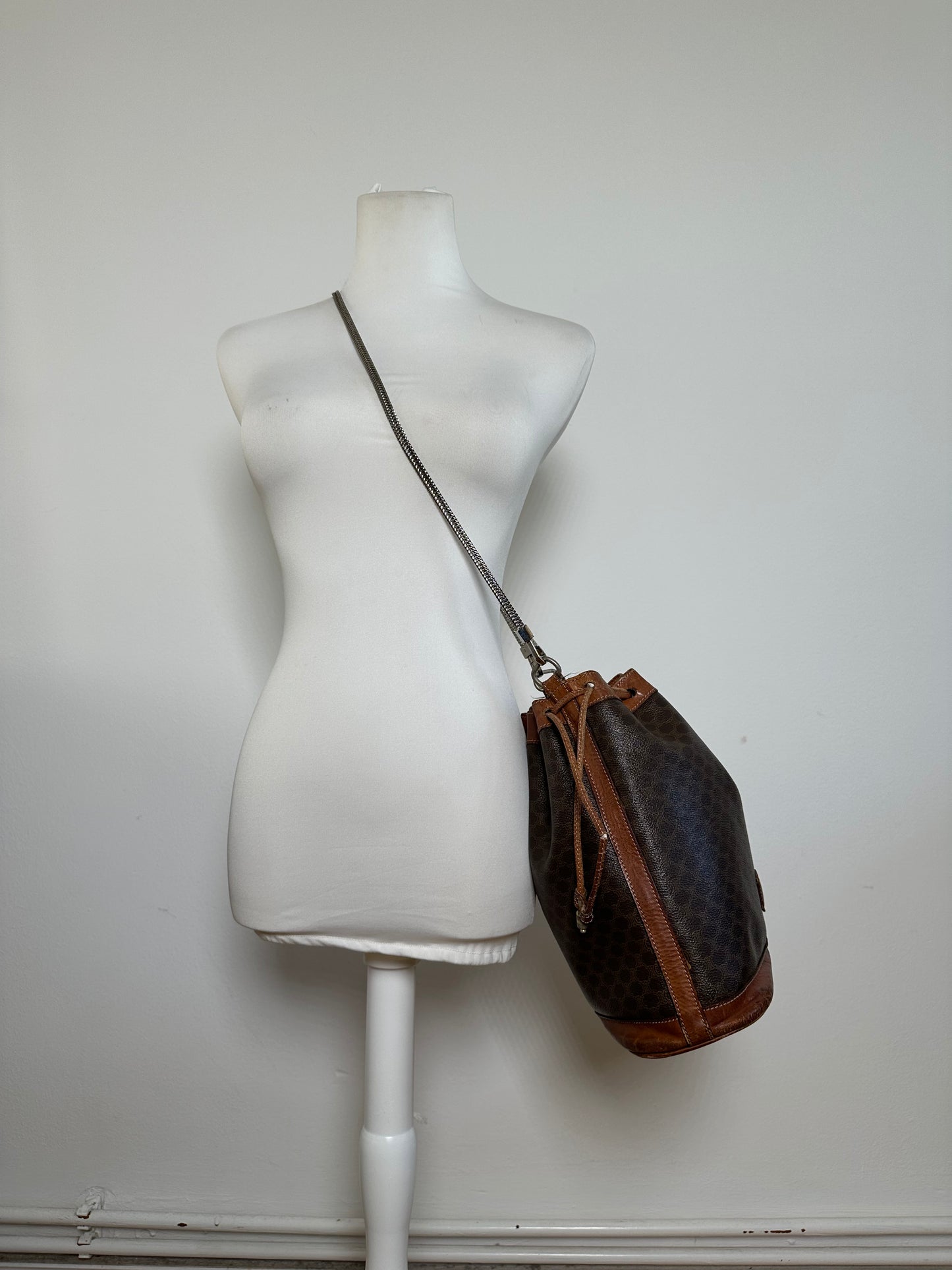 Vintage Celine Triomphe Monogram SEAU Leather Shoulder Bag Brown