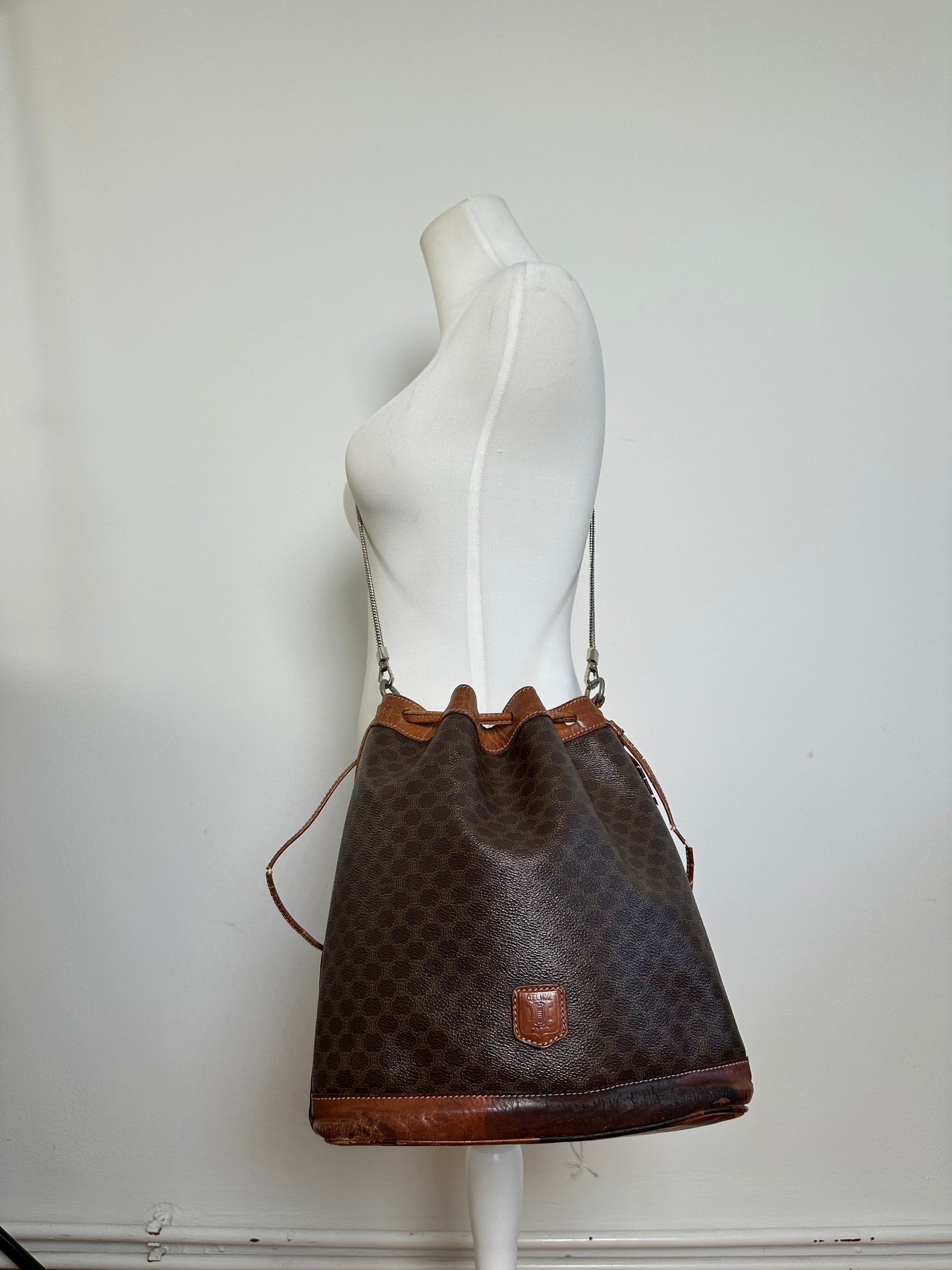 Vintage Celine Triomphe Monogram SEAU Leather Shoulder Bag Brown