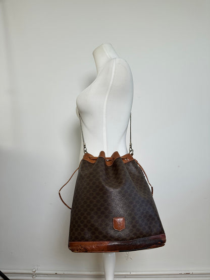 Vintage Celine Triomphe Monogram SEAU Leather Shoulder Bag Brown