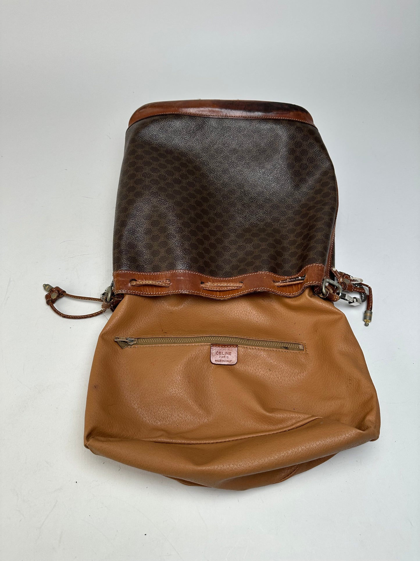Vintage Celine Triomphe Monogram SEAU Leather Shoulder Bag Brown