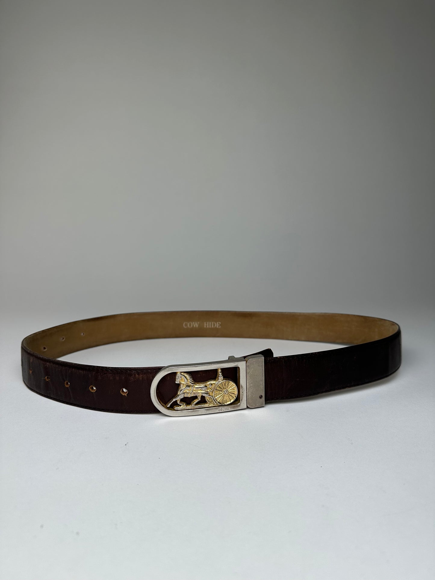 Vintage Celine Cowhide Leather Belt Y2K Dark Brown Gold