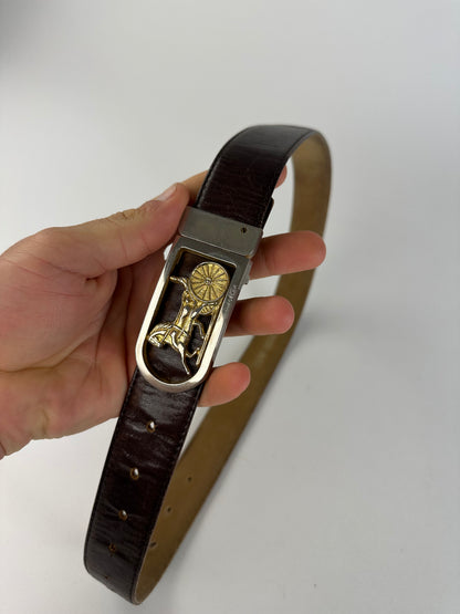 Vintage Celine Cowhide Leather Belt Y2K Dark Brown Gold