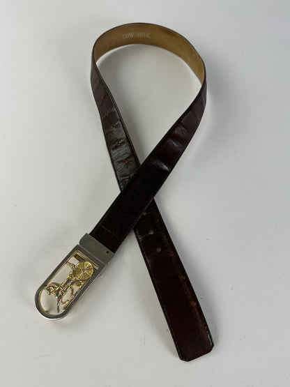 Vintage Celine Cowhide Leather Belt Y2K Dark Brown Gold