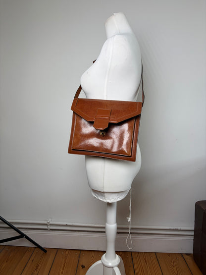 Vintage Yves Saint Laurent Patent Flap Crossbody Bag Light Brown