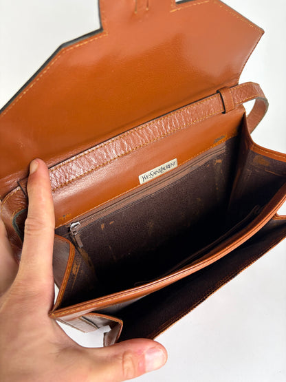 Vintage Yves Saint Laurent Patent Flap Crossbody Bag Light Brown