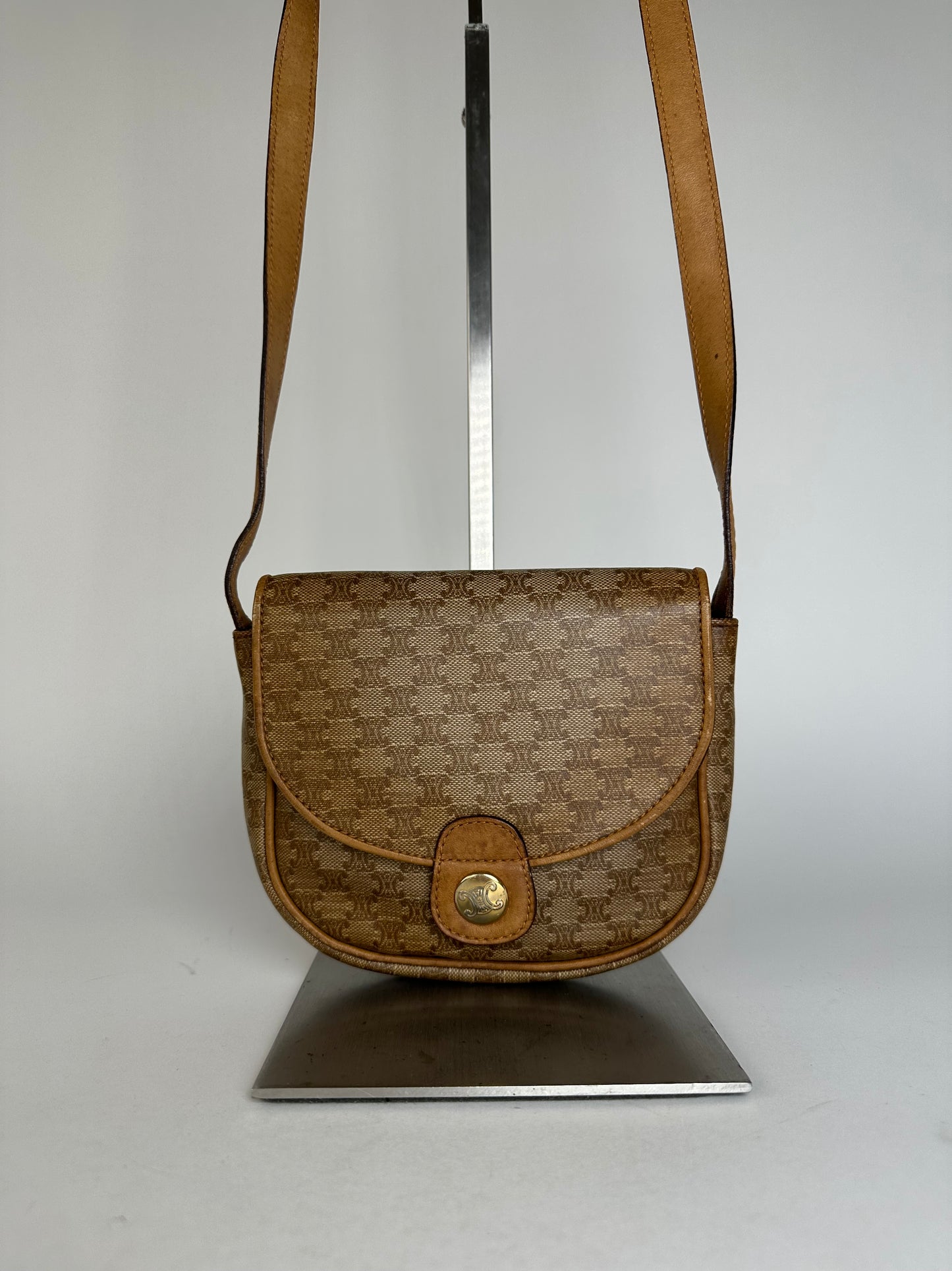 Vintage Celine Paris Leather Triomphe Mini Crossbody Bag Brown