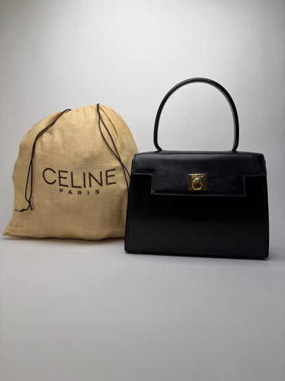 Vintage Celine Structured Leather Top-Handle Bag Black Gold