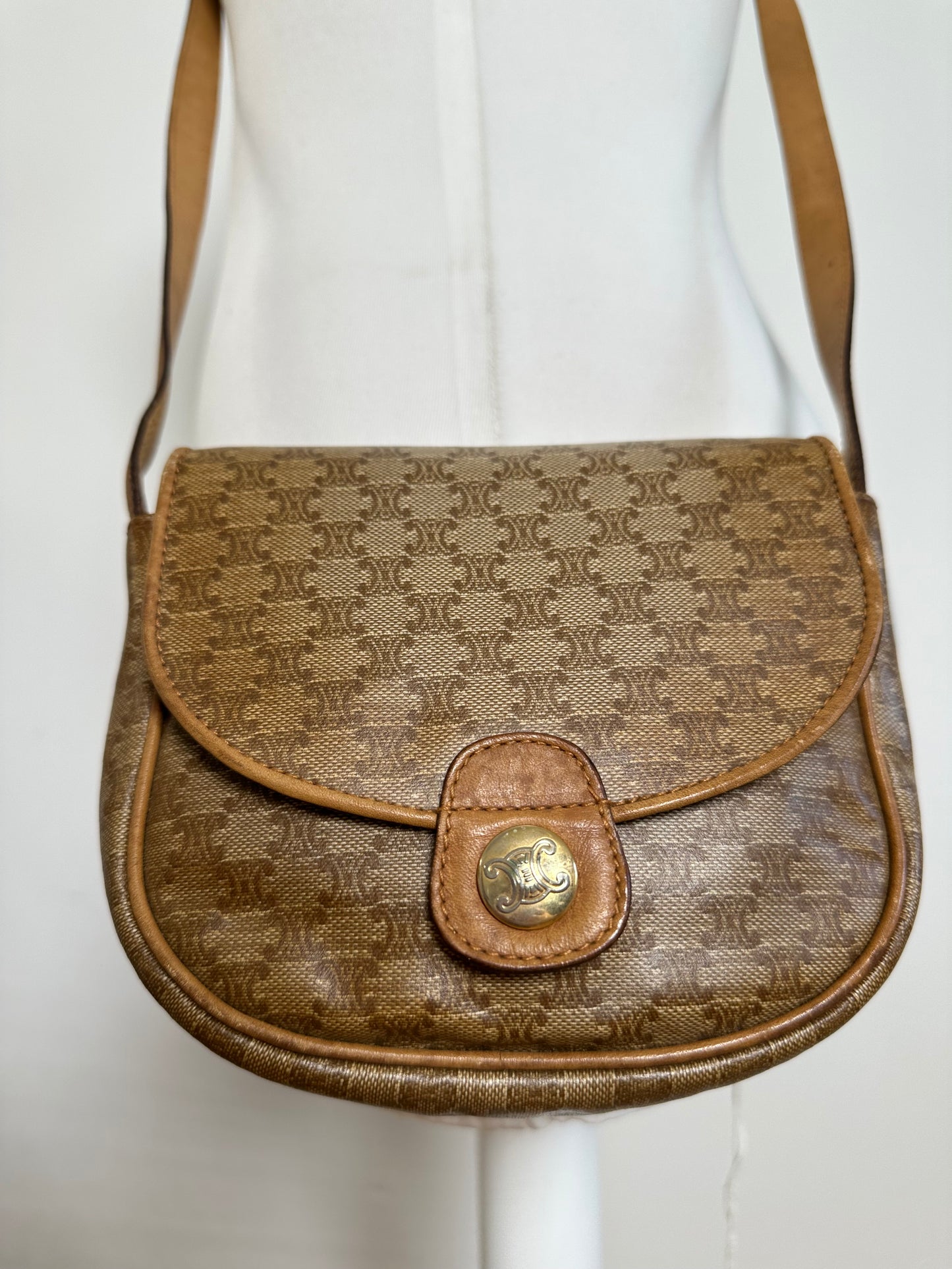 Vintage Celine Paris Leather Triomphe Mini Crossbody Bag Brown