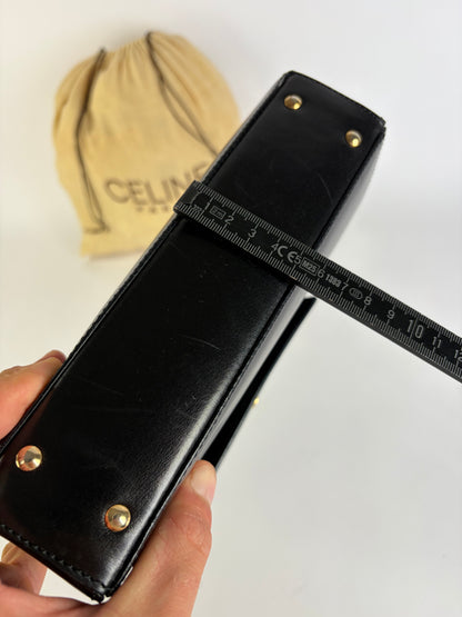 Vintage Celine Structured Leather Top-Handle Bag Black Gold