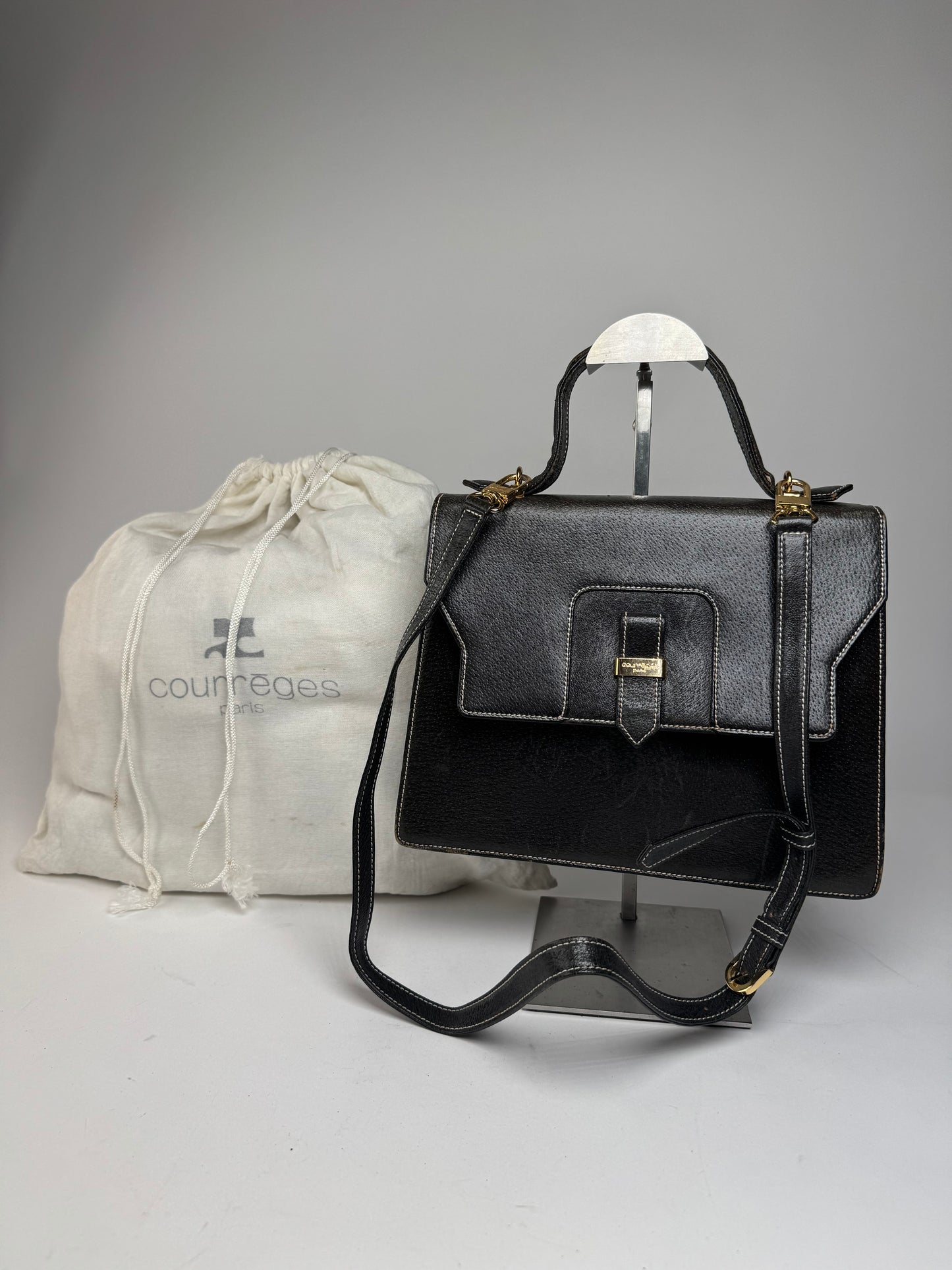 Vintage Courreges 2Way Leather Handbag Black