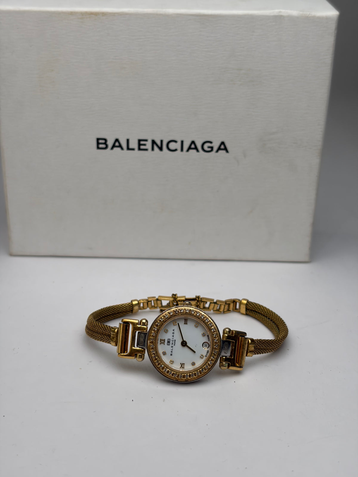 Vintage Balenciaga Mesh Bracelet Ladies' Watch Gold White c. Late 1980s