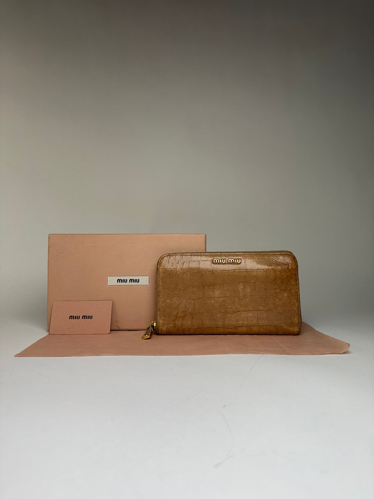 Vintage Miu Miu Crocodile-Effect Leather Zipper Wallet c. Late 2000s Tan