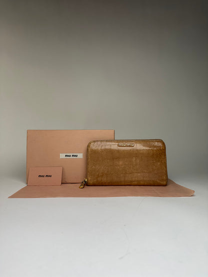 Vintage Miu Miu Crocodile-Effect Leather Zipper Wallet c. Late 2000s Tan